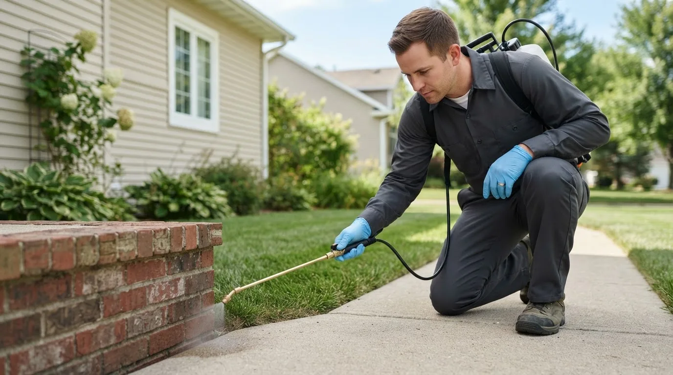 Pest control technician treating a home near Lyons, OH
